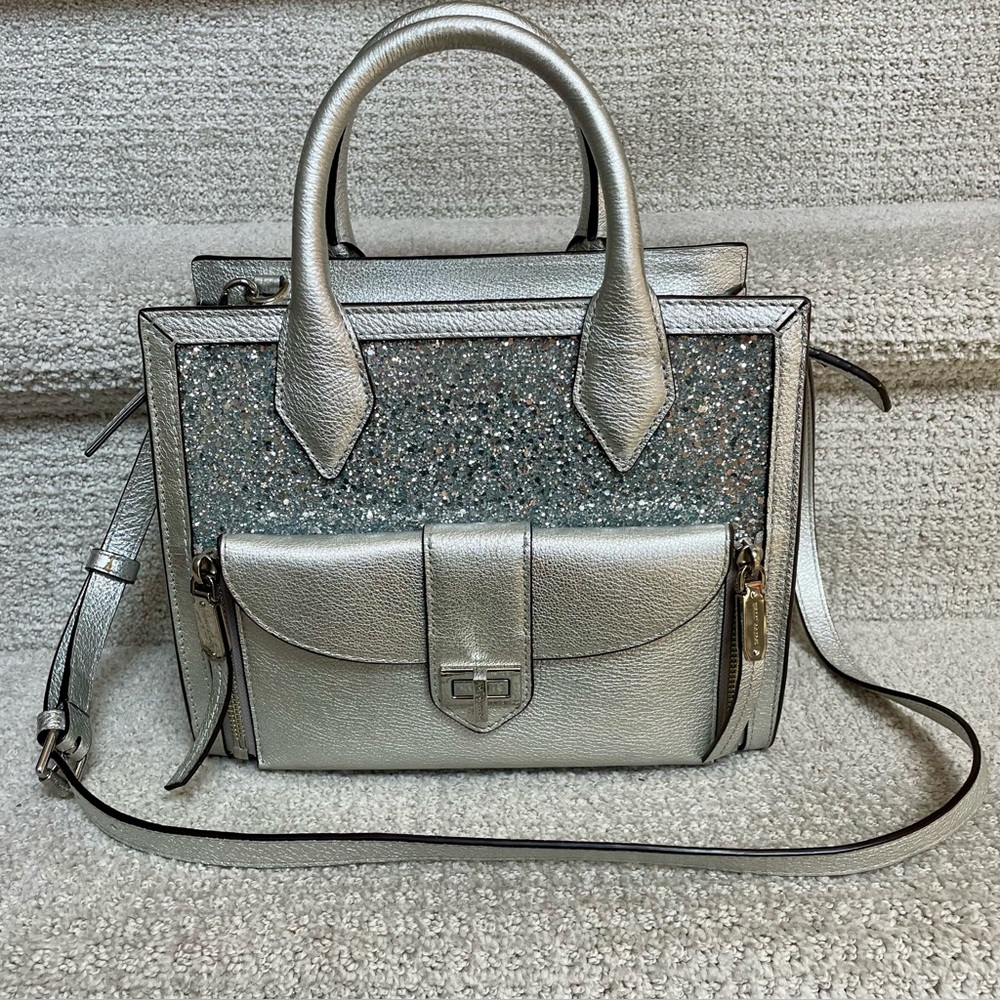 henri bendel Metallic Silver Glitter Panel Top-Handle Satchel